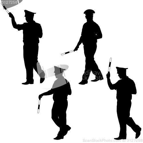 Image of Black silhouettes of Police officer  with a rod on white backgro