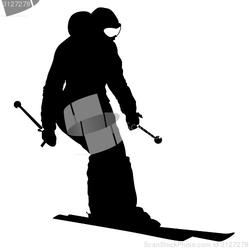 Image of Mountain skier  speeding down slope. Vector sport silhouette.