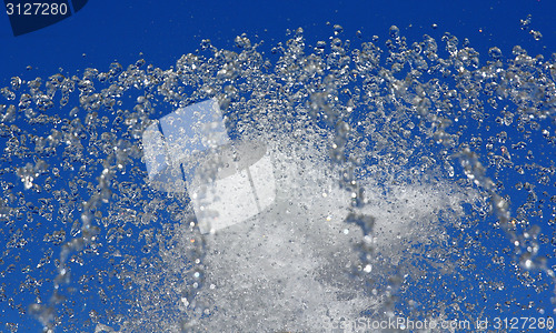 Image of Fountain drops of pure water against a blue sky.