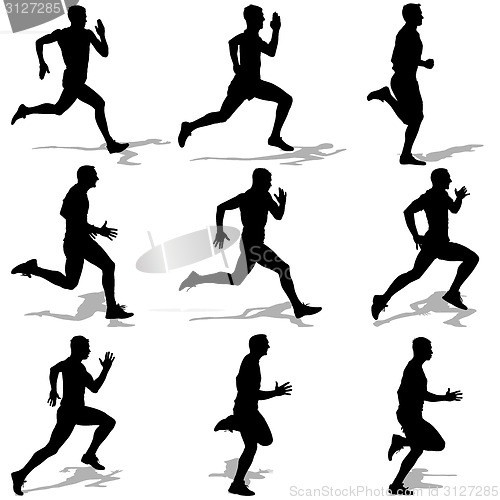 Image of Set of silhouettes. Runners on sprint, men. vector illustration.