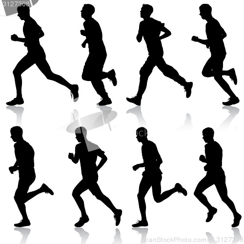 Image of Set of silhouettes. Runners on sprint, men. vector illustration.