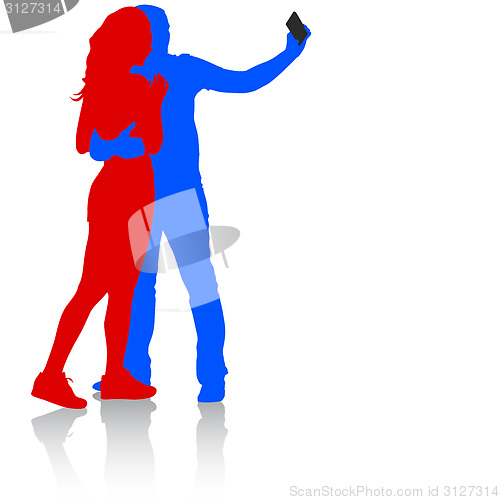 Image of Silhouettes  man and woman taking selfie with smartphone on whit