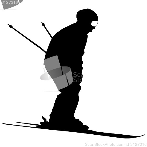 Image of Mountain skier  speeding down slope. Vector sport silhouette.