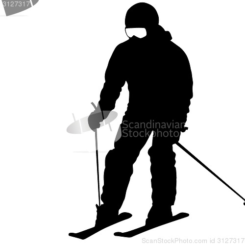 Image of Mountain skier  speeding down slope. Vector sport silhouette.