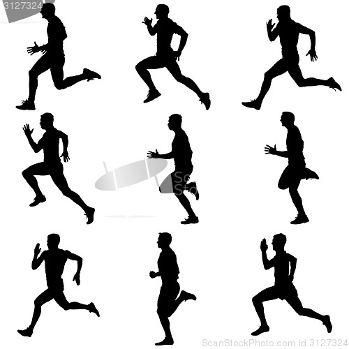 Image of Set of silhouettes. Runners on sprint, men. vector illustration.