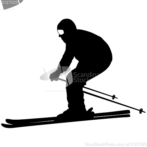 Image of Mountain skier  speeding down slope. Vector sport silhouette.