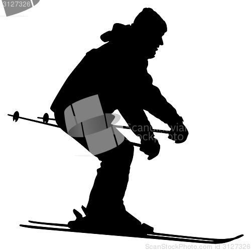 Image of Mountain skier  speeding down slope. Vector sport silhouette.