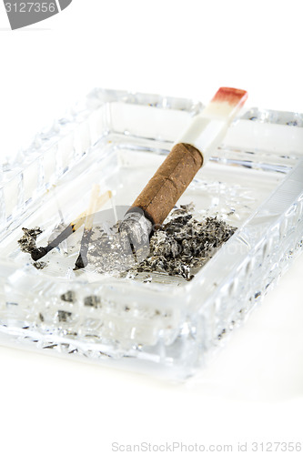 Image of Cigarillos, burnt match in a crystal ashtray.