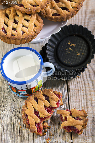 Image of Mug with milk and cake with raspberry filling.