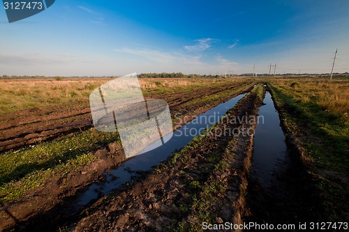 Image of Field with a road rut full of water