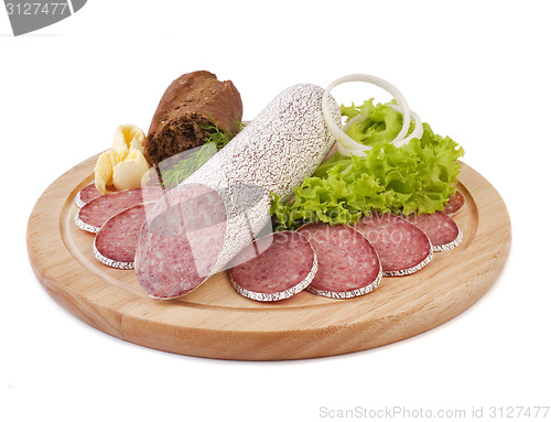 Image of Sliced sausage with bread, butter and vegetables
