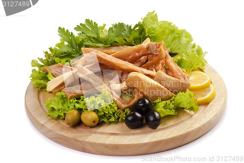 Image of A composition with smoked salmon bellies