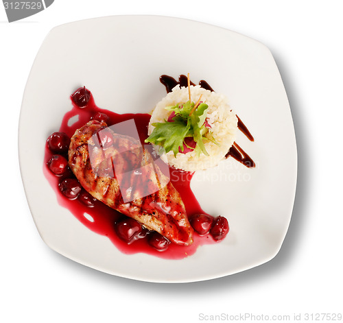 Image of Delicious beef with cherry sauce. File includes clipping path fo