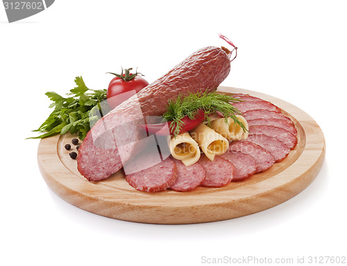 Image of Sliced sausage with vegetables isolated