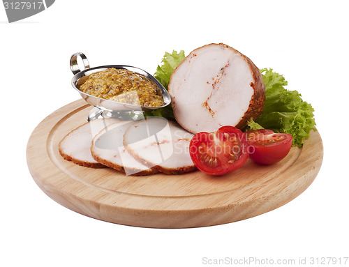 Image of Sliced ham with mustard and vegetables