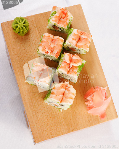 Image of Sushi futomaki with shrimp top view