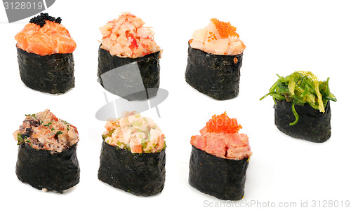 Image of Different tipes of sushi, isolated on white