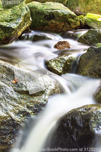 Image of waterfall and rocks covered with moss