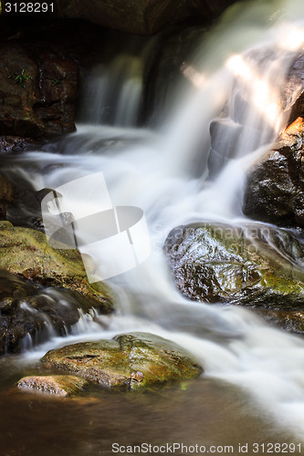 Image of waterfall and rocks covered with moss