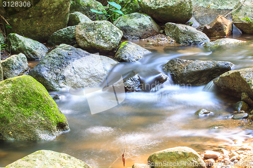 Image of waterfall and rocks covered with moss