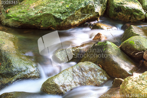 Image of waterfall and rocks covered with moss