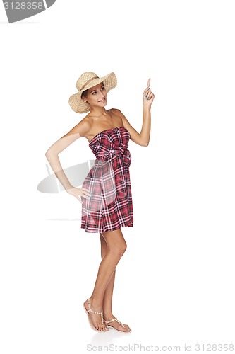 Image of Happy summer woman pointing 