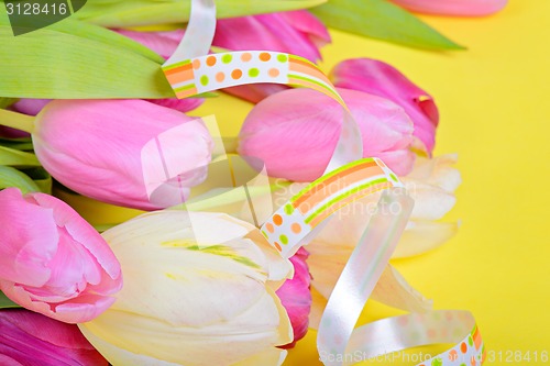 Image of Easter ribbon with pink tulips