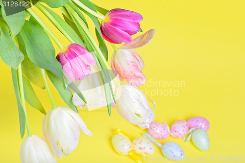 Image of View from above to the easter tulips and eggs