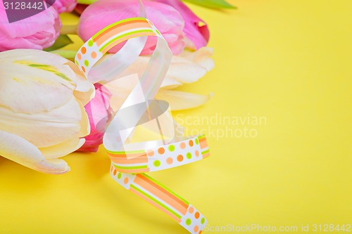 Image of Easter ribbon with pink tulips
