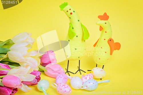 Image of Easter chickens, pink tulips and eggs