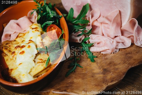 Image of pancakes with ham cheese and vegetables