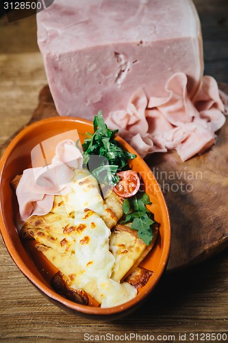 Image of pancakes with ham cheese and vegetables
