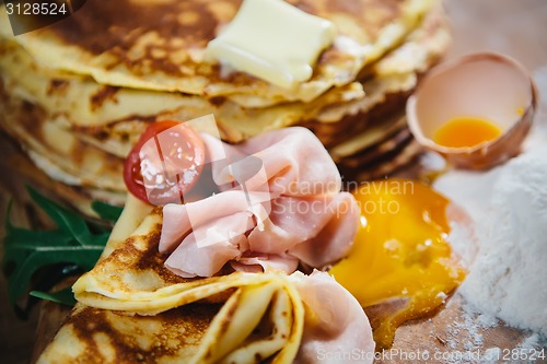 Image of pancakes with ham cheese and vegetables
