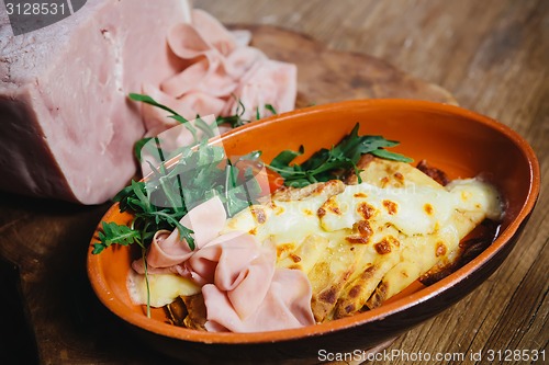 Image of pancakes with ham cheese and vegetables