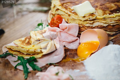 Image of pancakes with ham cheese and vegetables