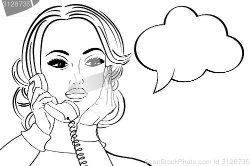 Image of pop art cute retro woman in comics style talking on the phone