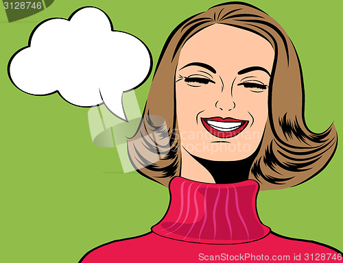 Image of pop art cute retro woman in comics style laughing