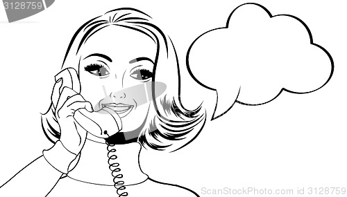 Image of pop art cute retro woman in comics style talking on the phone