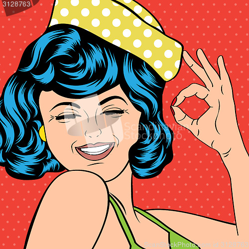 Image of pop art cute retro woman in comics style laughing