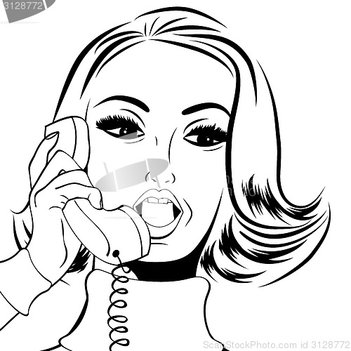 Image of pop art cute retro woman in comics style talking on the phone