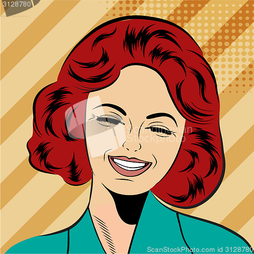 Image of pop art cute retro woman in comics style laughing