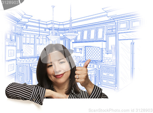 Image of Hispanic Woman with Thumbs Up, Custom Kitchen Drawing Behind