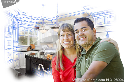 Image of Mixed Race Couple Over Kitchen Design Drawing and Photo