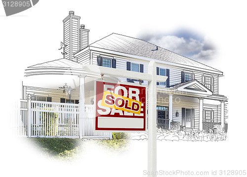 Image of House and Sold Sign Drawing and Photo on White