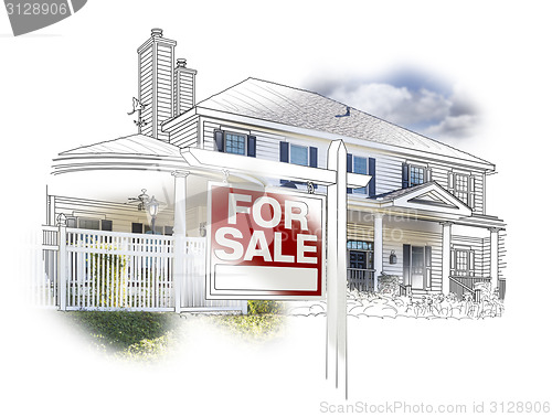 Image of House and For Sale Sign Drawing and Photo on White