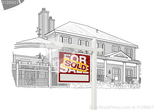 Image of Custom House and Sold Real Estate Sign Drawing on White