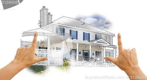Image of Hands Framing House Drawing and Photo on White