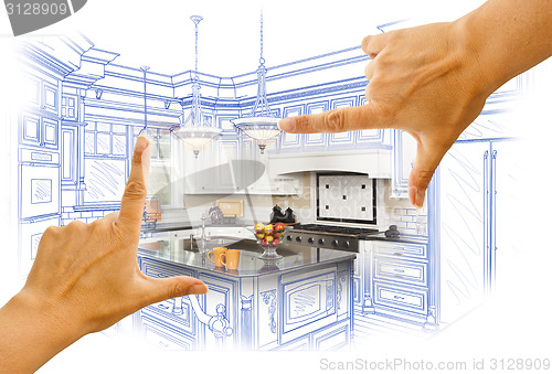 Image of Hands Framing Custom Kitchen Design Drawing and Photo Combinatio