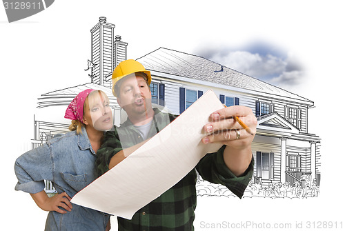Image of Woman with Contractor Over House Drawing and Photo on White
