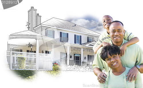 Image of African American Family Over House Drawing and Photo on White